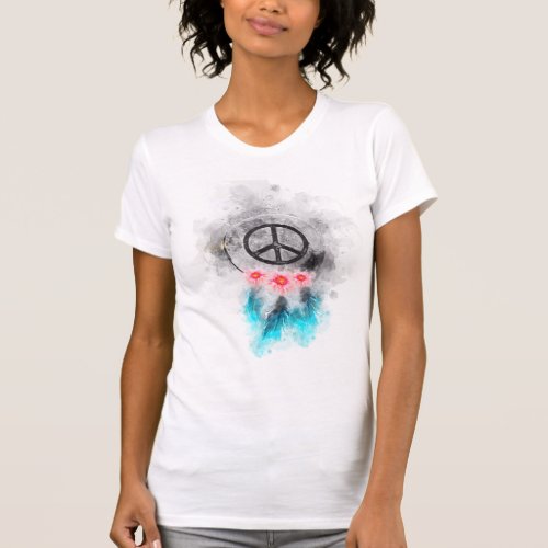  Grunge Watercolor Peace Sign Feathers Flowers T_Shirt
