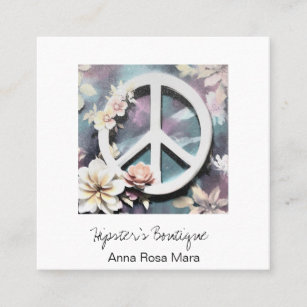 *~* Grunge White Peace Sign Flowers  Boho QR AP57 Square Business Card