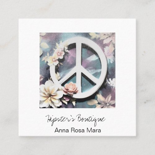  Grunge White Peace Sign Flowers  Boho QR AP57 Square Business Card