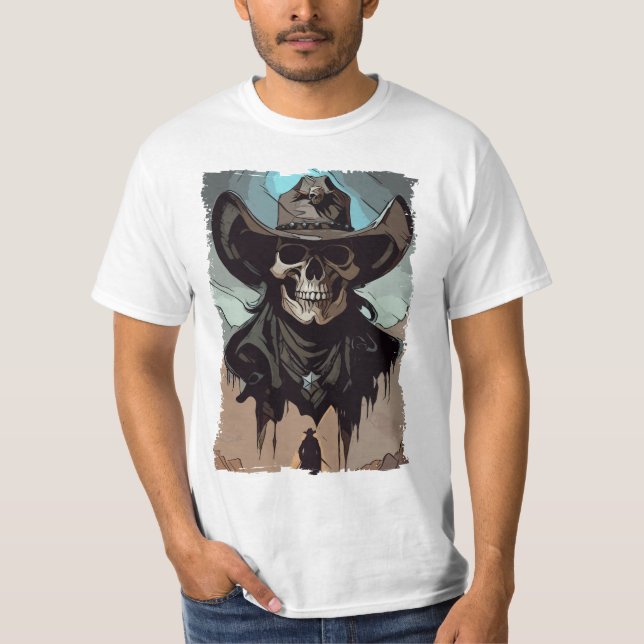 Grunge Wild West Cowboy Skull Sheriff Illustration T-Shirt (Front)