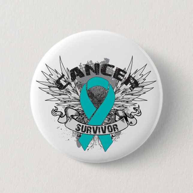 Grunge Winged Ribbon Ovarian Cancer Survivor Pinback Button (Front)