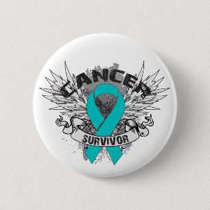 Grunge Winged Ribbon Ovarian Cancer Survivor Pinback Button