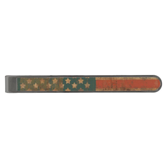 Grunge Wooden Patriotic American Flag Gunmetal Finish Tie Clip (Front)