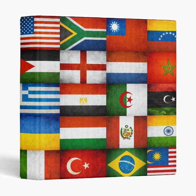 Grunge World Flags Collage Design Binder (Front/Spine)