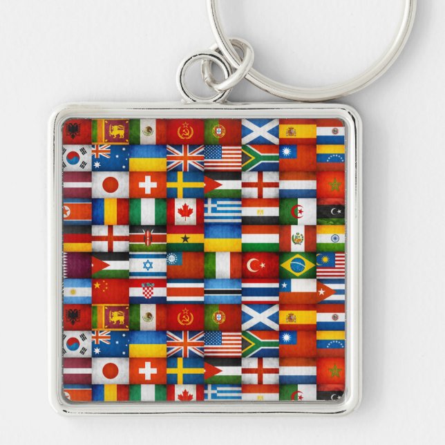 Grunge World Flags Collage Design Keychain (Front)
