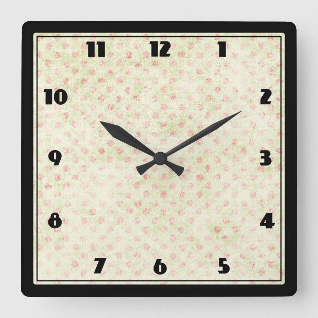 Grunge yellow background with faded red polka dot square wall clock (Front)