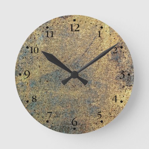 Grunge Yellow  Blue Rusted Clockface 1 Black Round Clock