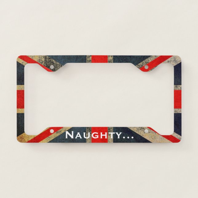 Grunged British Union Jack Naughty License Fram Plate Frame (Front)
