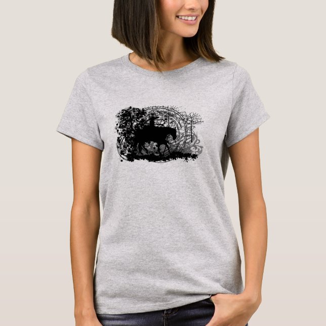 Grunged CowGirl Riding Horse Thru Trees T-Shirt (Front)