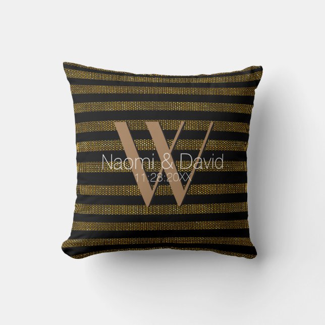 Grungish Gold Glitter and black stripes Monogram Throw Pillow (Front)
