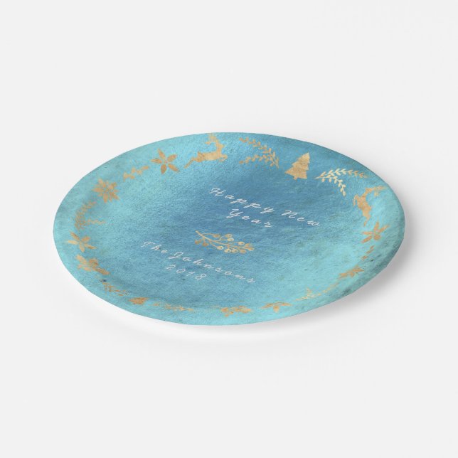 Grungy Aquatic Ocean Gold Gray Christmas Paper Plates (Angled)