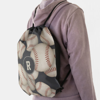 grungy baseballs kids monogrammed drawstring bag