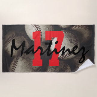 Grungy Baseballs on a Shelf Jersey Number & Name Beach Towel