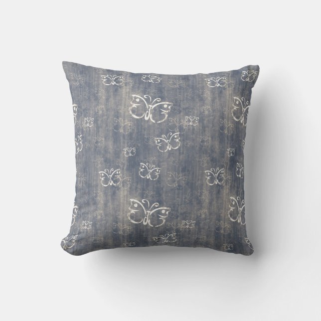 Grungy Blue and Cream Butterfly Pattern Pillows (Front)