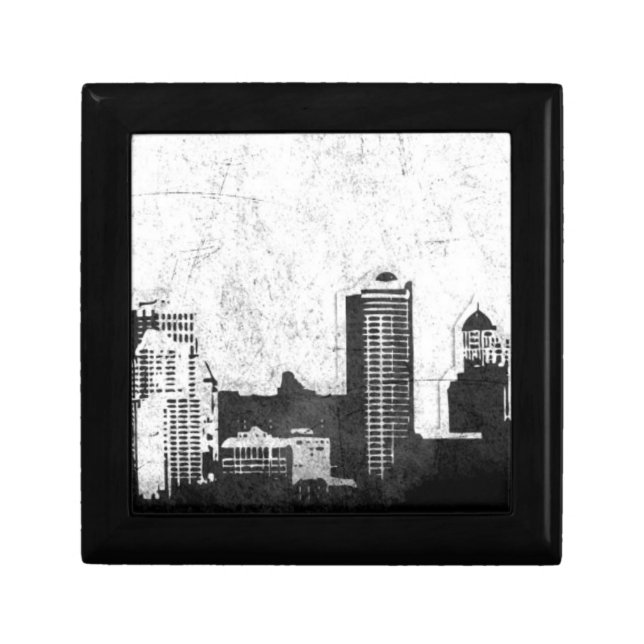Grungy city background in black and white jewelry box (Front)