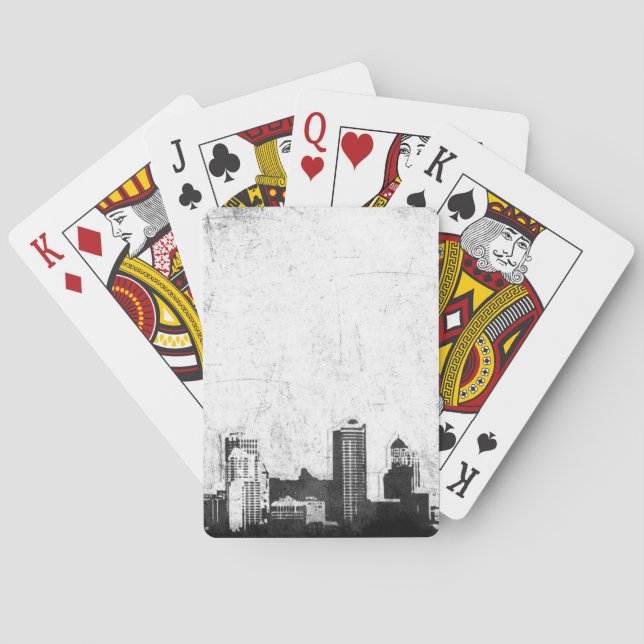 Grungy city background in black and white poker cards (Back)