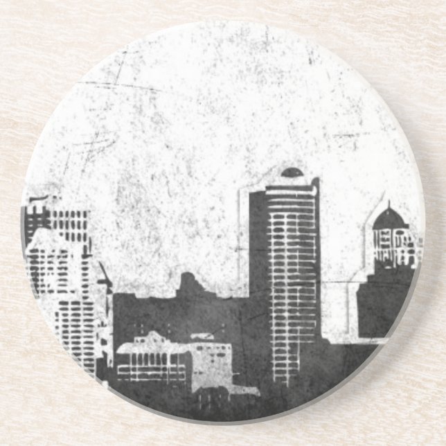 Grungy city background in black and white sandstone coaster (Front)