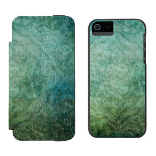 Grungy Embossed Teal Blue Damask Wallet Case For iPhone SE/5/5s