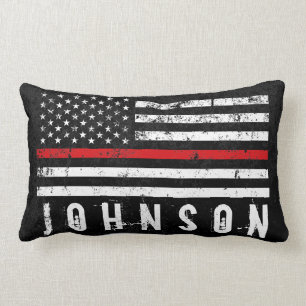 Grungy Fireman Styled American Flag Custom Name Lumbar Pillow