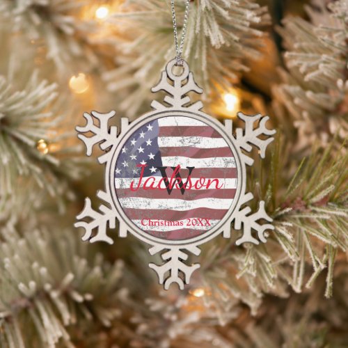 Grungy flag snowflake pewter christmas ornament