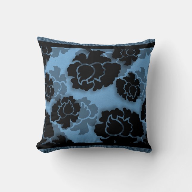 Grungy Floral Decadence Pillow, Blue Throw Pillow (Front)