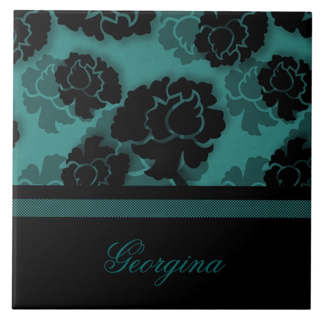 Grungy Floral Decadence Tile, Teal Ceramic Tile (Front)