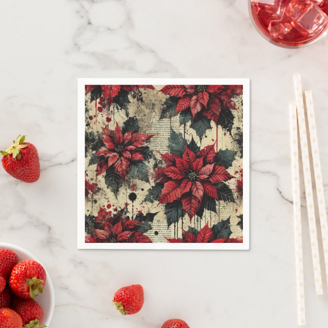 Grungy Floral Poinsettia Newsprint Decoupage Paper Napkins (Insitu)