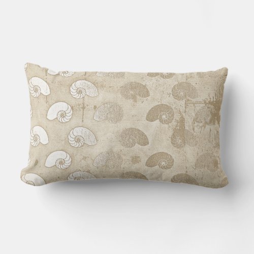 Grungy Fossils Ivory Silver Seashells Ocean Beach Lumbar Pillow