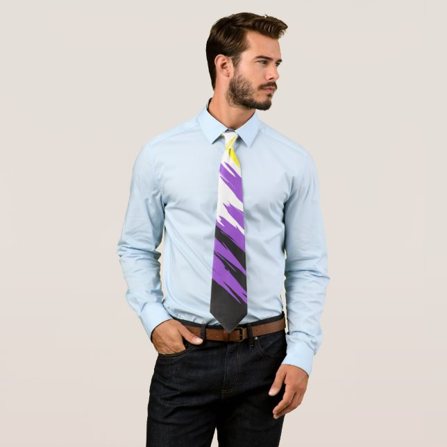 Grungy Funky ZigZag Abstract Nonbinary Pride Flag Neck Tie (In Situ)