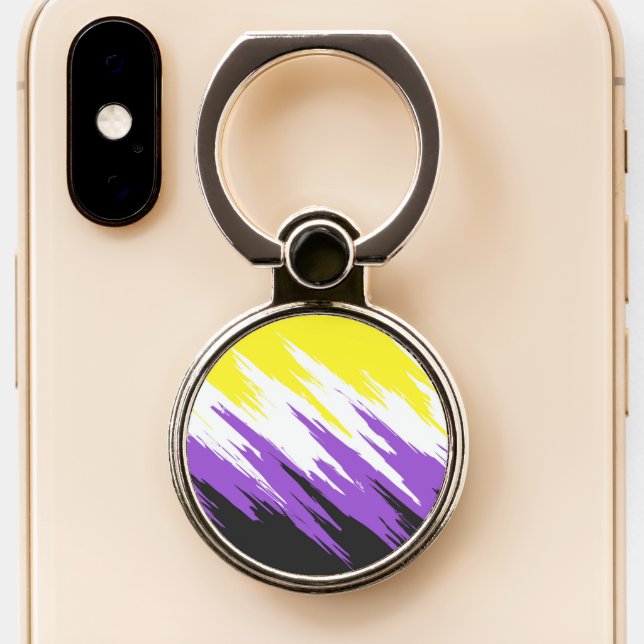 Grungy Funky ZigZag Abstract Nonbinary Pride Flag Phone Ring Stand (Close Up)