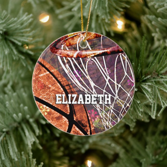 Grungy Girly Basketball and hoop her name Ceramic Ornament (Tree)