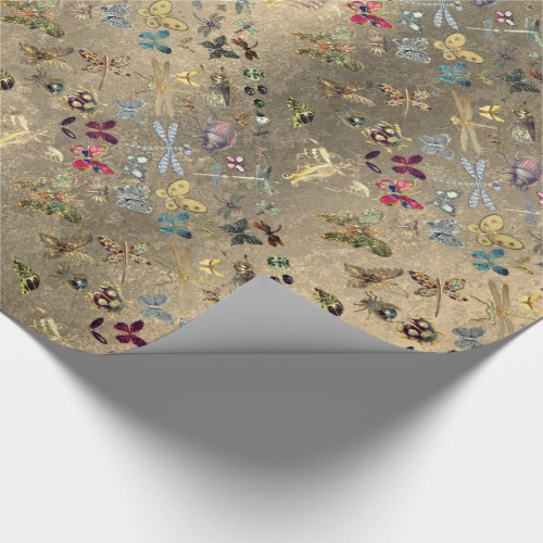 Grungy Gold Meadow Butterfly Insects Gems Diamond Wrapping Paper