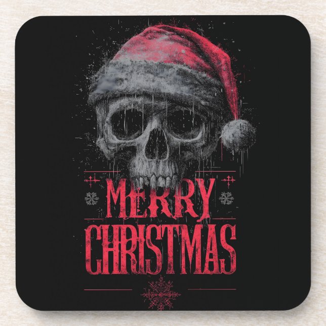 Grungy Gothic Skull Wearing a Distressed Santa Hat Beverage Coaster (Front)
