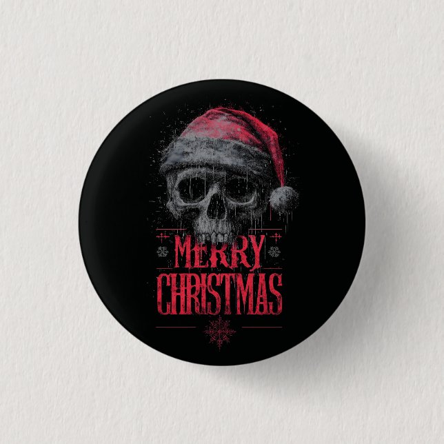 Grungy Gothic Skull Wearing a Distressed Santa Hat Button (Front)
