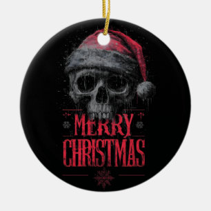 Grungy Gothic Skull Wearing a Distressed Santa Hat Ceramic Ornament