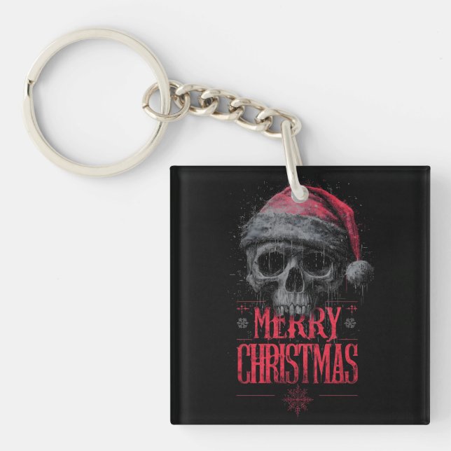 Grungy Gothic Skull Wearing a Distressed Santa Hat Keychain (Front)