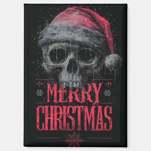 Grungy Gothic Skull Wearing a Distressed Santa Hat Magnet (Front)