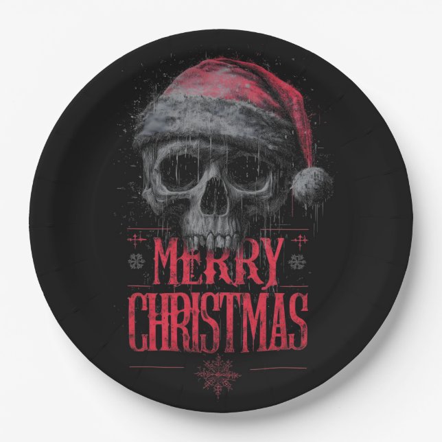 Grungy Gothic Skull Wearing a Distressed Santa Hat Paper Plates (Front)