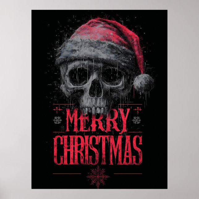 Grungy Gothic Skull Wearing a Distressed Santa Hat Poster (Front)