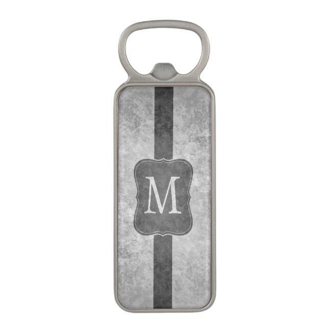 Grungy gray monogram magnetic bottle opener (Front Vertical)