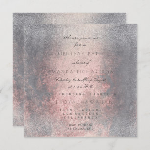 Grungy Gray Pink Rose Gold BrushVip Birthday Party Invitation