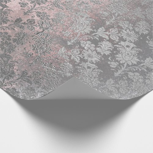 Grungy Gray Pink Rose Silver Powder Blush Floral Wrapping Paper