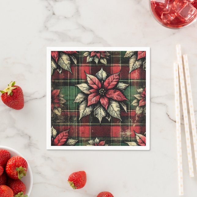 Grungy Poinsettia Plaid Fabric Decoupage Paper Napkins (Insitu)