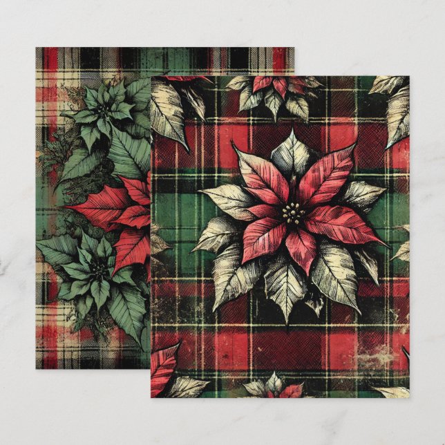 Grungy Poinsettia Plaid Fabric Scrapbook Paper (Front/Back)