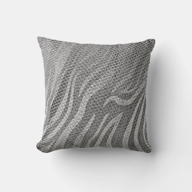 Grungy Silver Sequin Abstract Gray Zebra Texture Throw Pillow (Front)