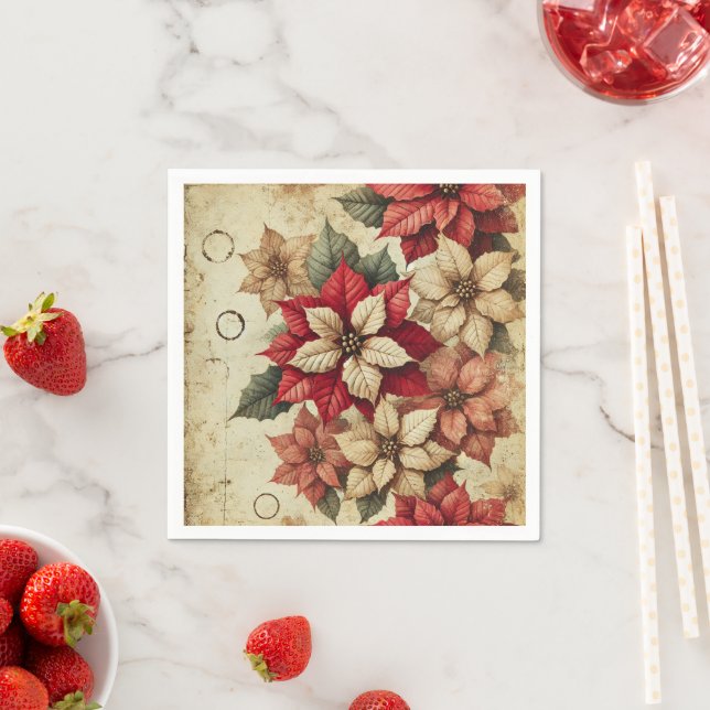 Grungy Tattered Poinsettia Floral Decoupage Paper Napkins (Insitu)