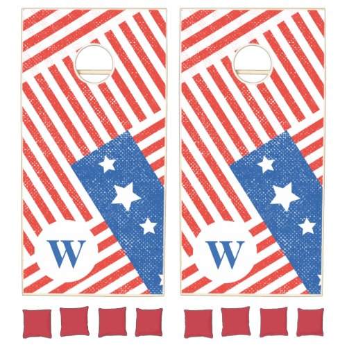 Grungy USA American Flag  Minimalist Monogram Cornhole Set