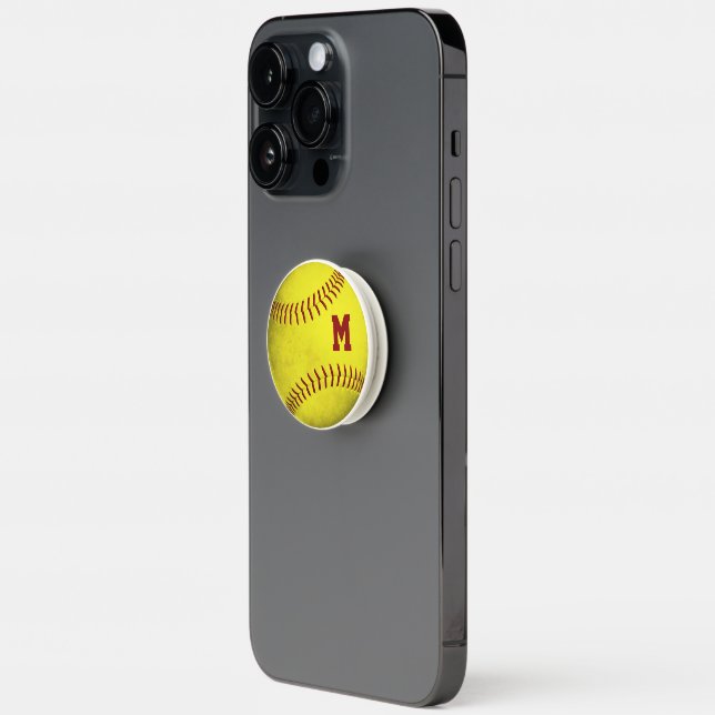 grungy yellow monogrammed softball PopSocket (Left)