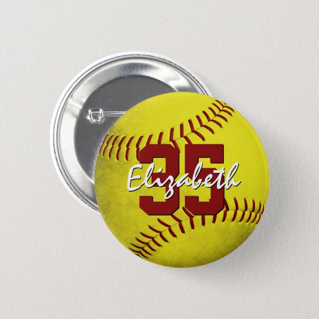 grungy yellow softball girls personalized button (Front & Back)