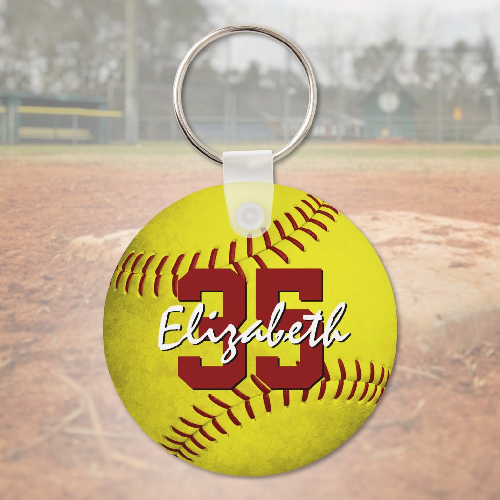 grungy yellow softball girls personalized keychain